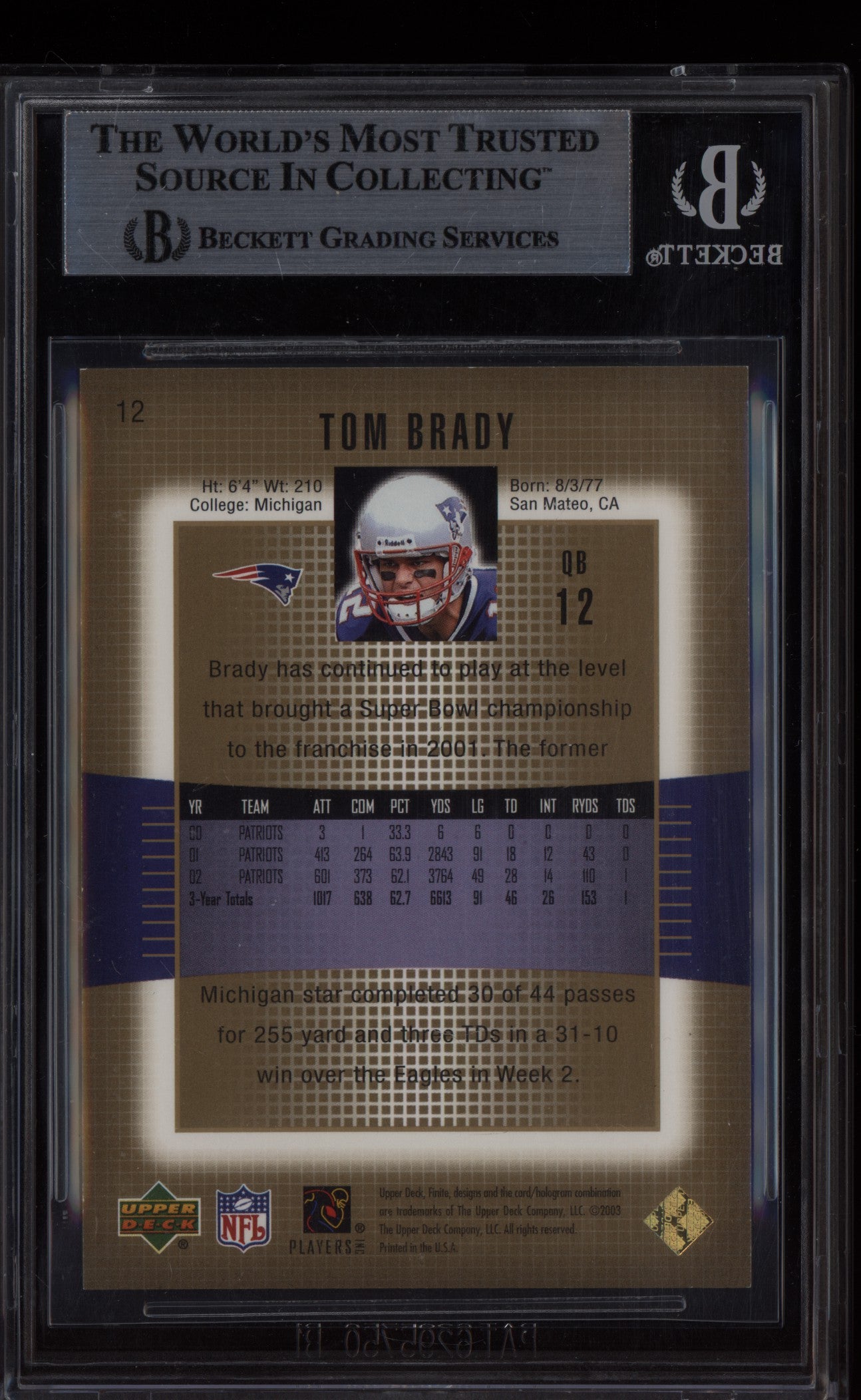 Tom Brady 2003 Upper Deck Finite Gold 15/50 BGS 9