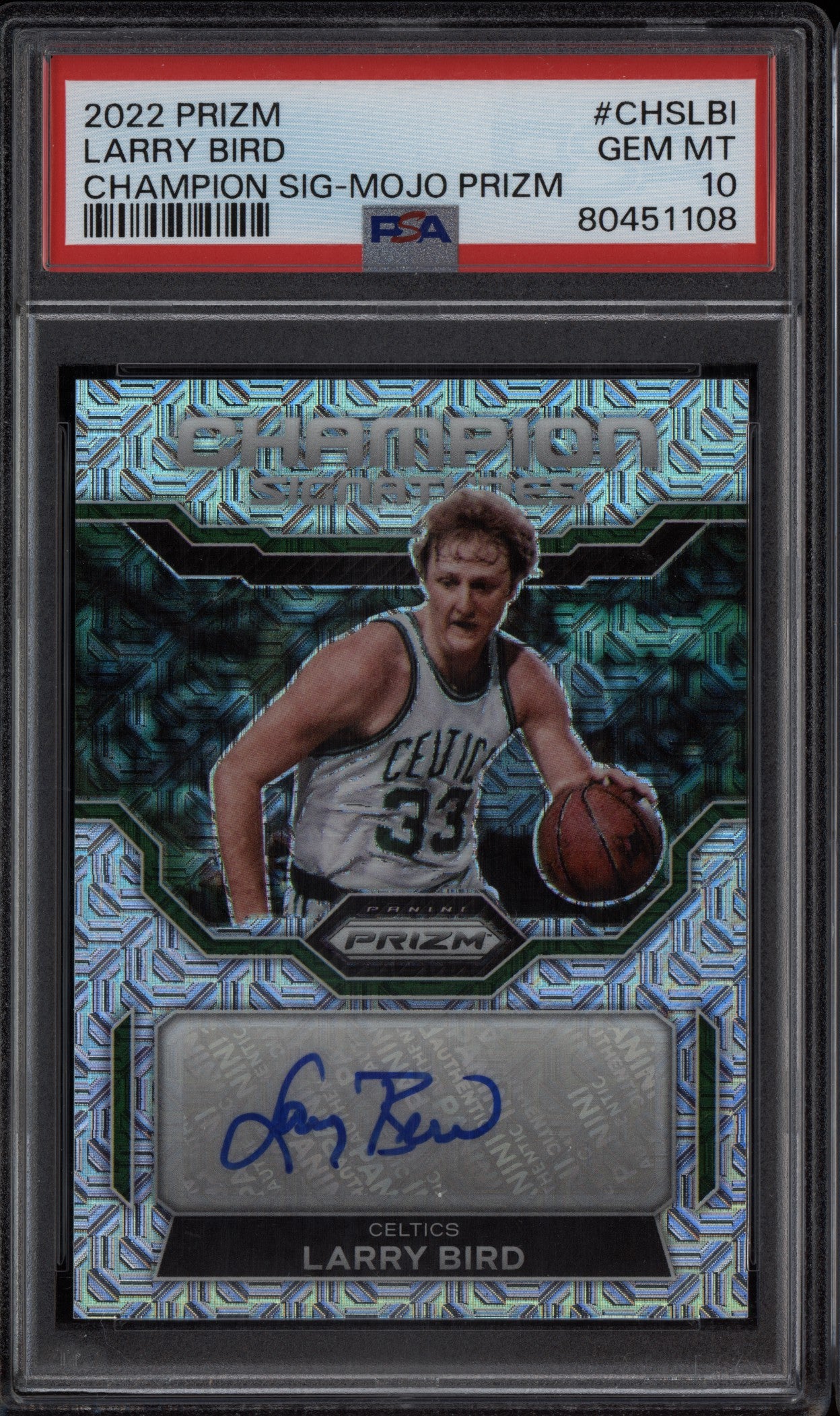 Larry Bird 2022-23 Panini Prizm Champion Signatures Mojo Auto 13/25 PSA 10