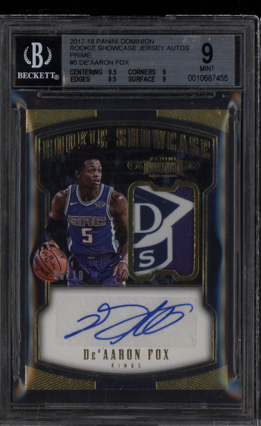 De'Aaron Fox 2017 Panini Dominion Showcase Jersey Auto Prime Patch RC /10 BGS 9