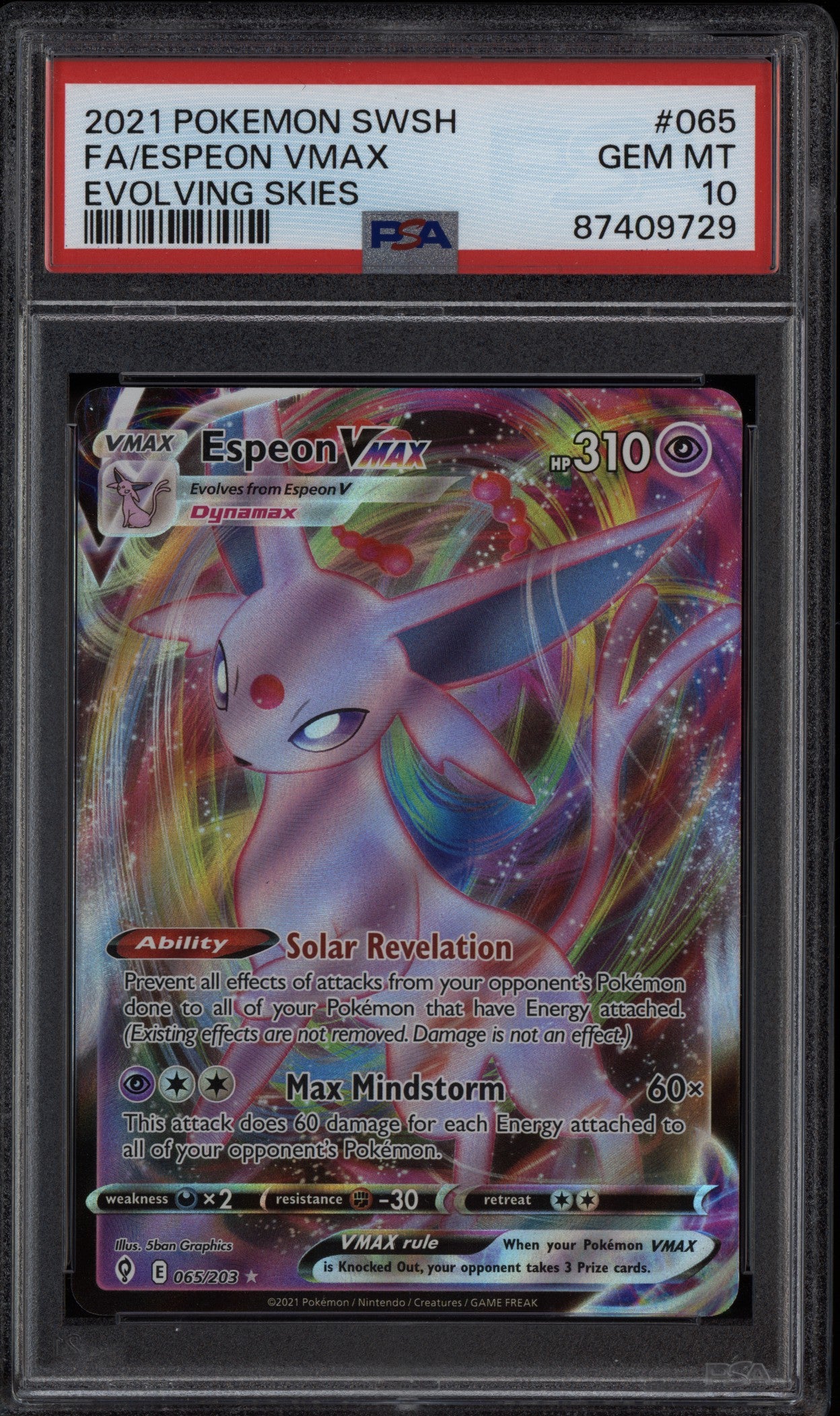 Espeon VMax 2021 Pokemon Evolving Skies Full Art 065/203 PSA 10