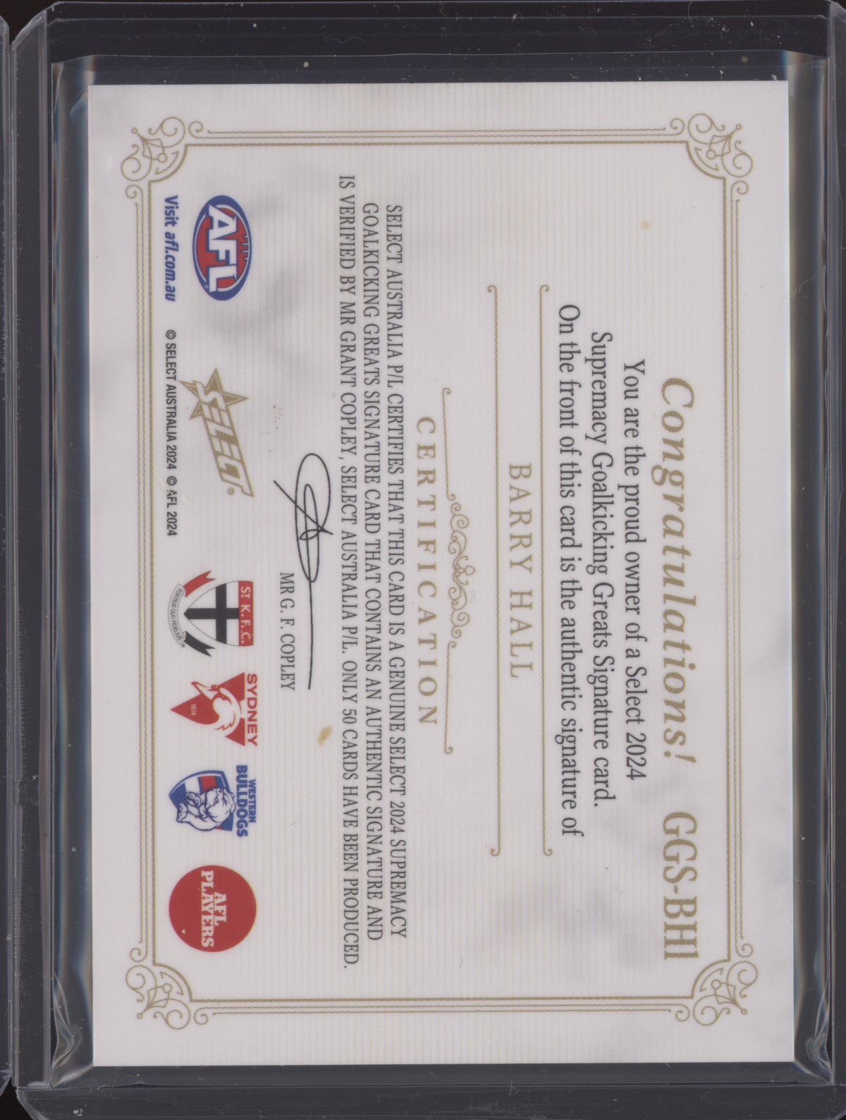 Barry Hall 2024 Select Supremacy Goalkicking Greats Signature Low 01/50