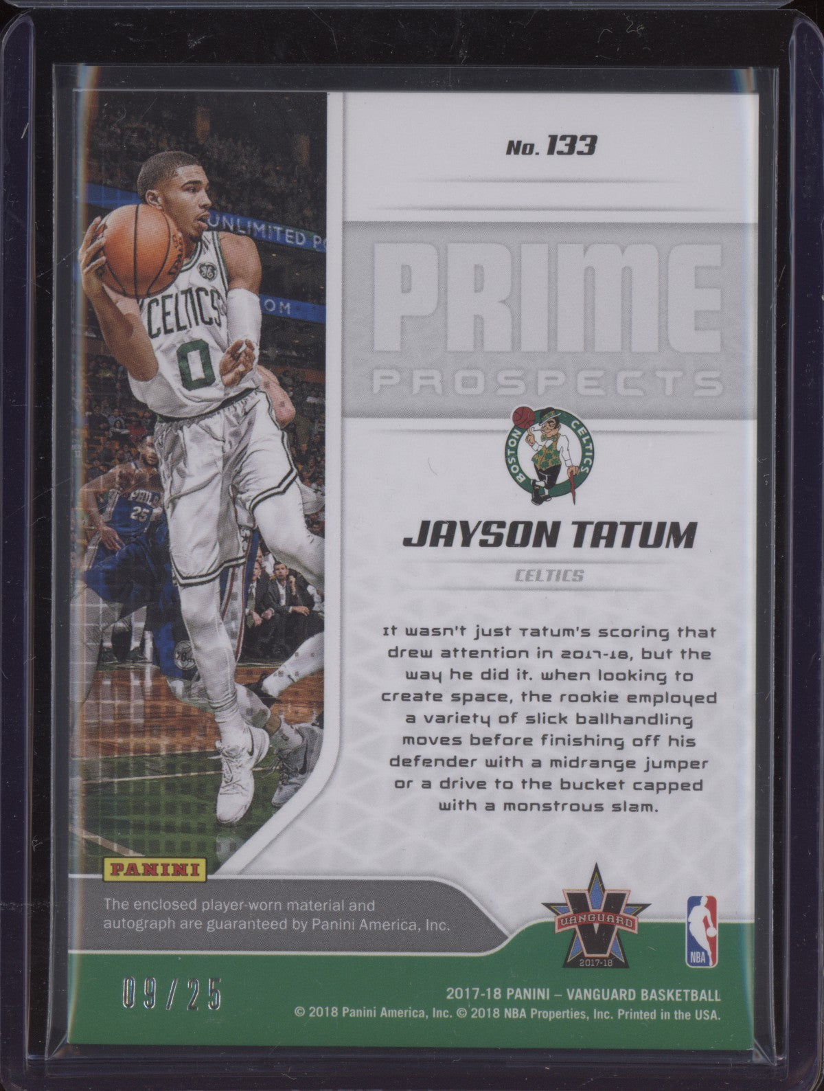 Jayson Tatum 2017-18 Panini Vanguard Prime Prospects Purple Patch Auto RC 9/25